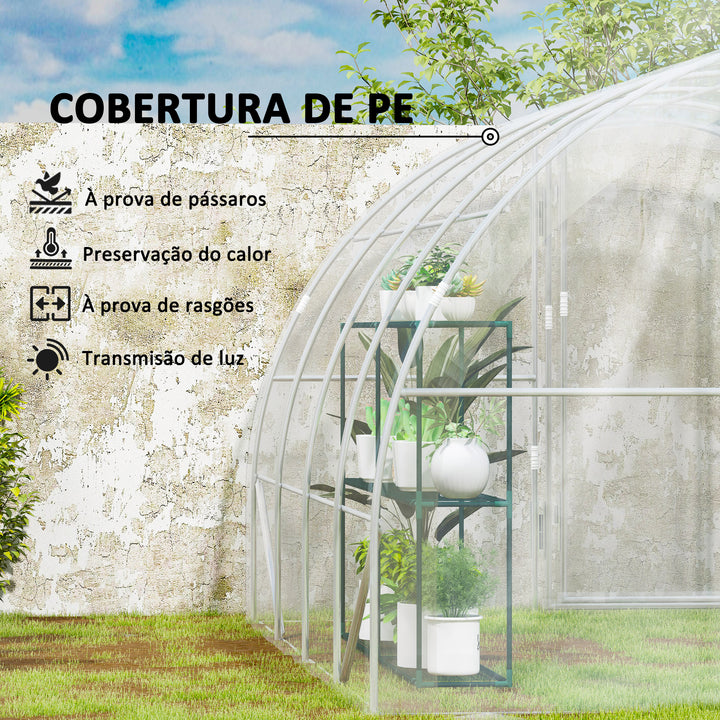 Estufa de Túnel 395x295x195 cm Estufa de Jardim com 2 Portas Estufa para Horticultura com Teto Arredondado para Cultivo de Plantas e Flores Transparente