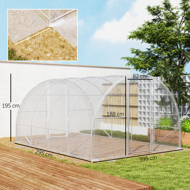 Estufa de Túnel 395x295x195 cm Estufa de Jardim com 2 Portas Estufa para Horticultura com Teto Arredondado para Cultivo de Plantas e Flores Transparente