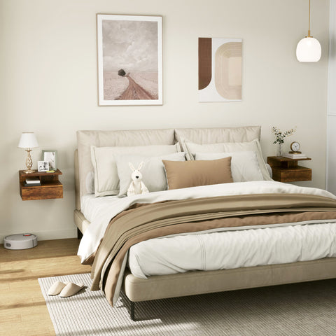 Conjunto de 2 Mesas de Cabeceira Flutuantes, Mesas de Cabeceira com Gaveta e Prateleira Aberta, Design Moderno e Poupa Espaço, Castanho Rústico, 35x32x22,5 cm