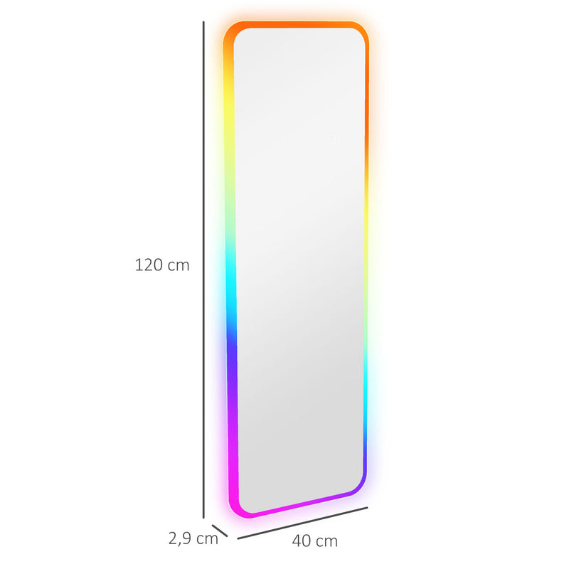 Espelho de Corpo Inteiro com Luzes LED 120x40 cm Espelho de Parede Ajustável com Iluminação em 7 Cores RGB e Função de Memória para Dormitório Prata