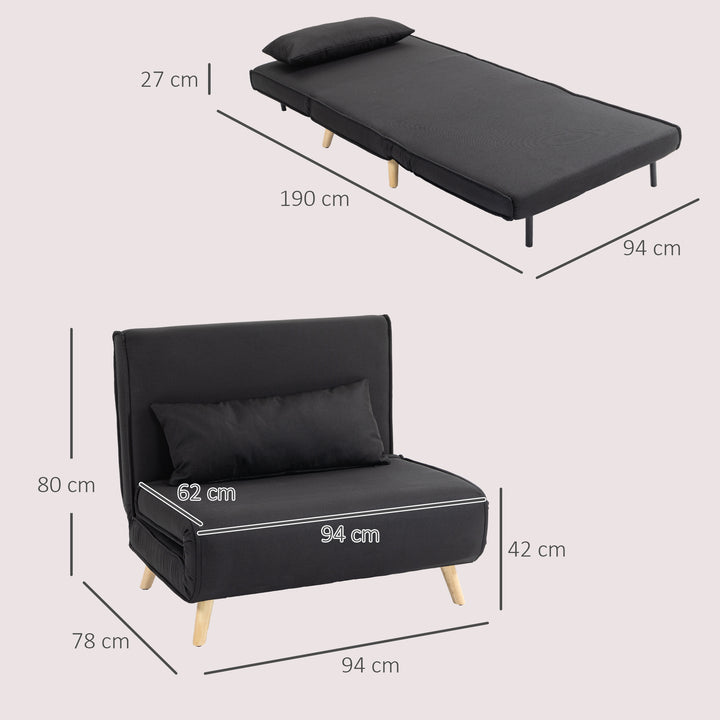Poltrona 3 em 1 Sofá Cama Individual Dobrável com Encosto Ajustável em 6 Posições e Almofada para Sala de Estar Dormitório Escritório Carga 350 kg 94x78x80 cm Preto