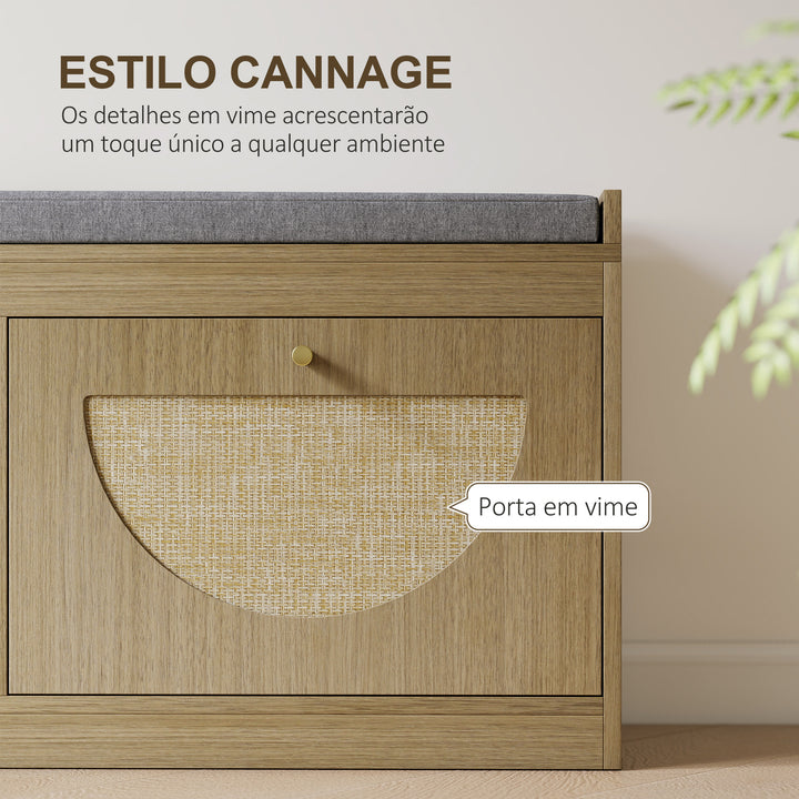 Banco Sapateira Banco de Entrada Boémio com Assento Acolchoado Portas Frentes de Vime Prateleira Ajustável para 8 Pares de Sapatos 105x35x47 cm Madeira