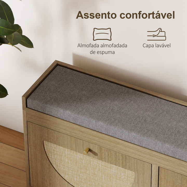 Banco Sapateira Banco de Entrada Boémio com Assento Acolchoado Portas Frentes de Vime Prateleira Ajustável para 8 Pares de Sapatos 105x35x47 cm Madeira
