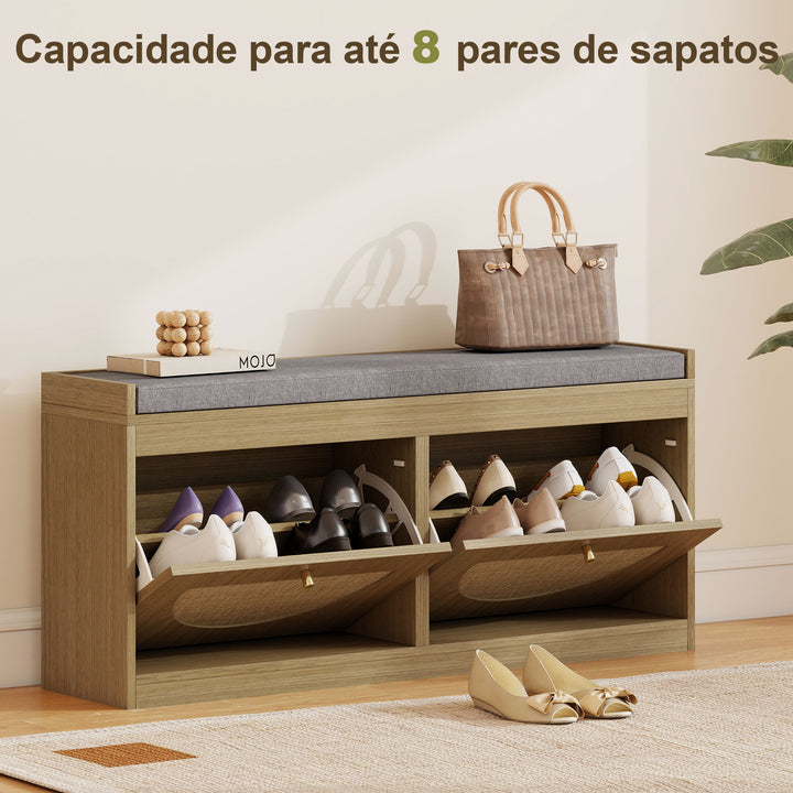 Banco Sapateira Banco de Entrada Boémio com Assento Acolchoado Portas Frentes de Vime Prateleira Ajustável para 8 Pares de Sapatos 105x35x47 cm Madeira