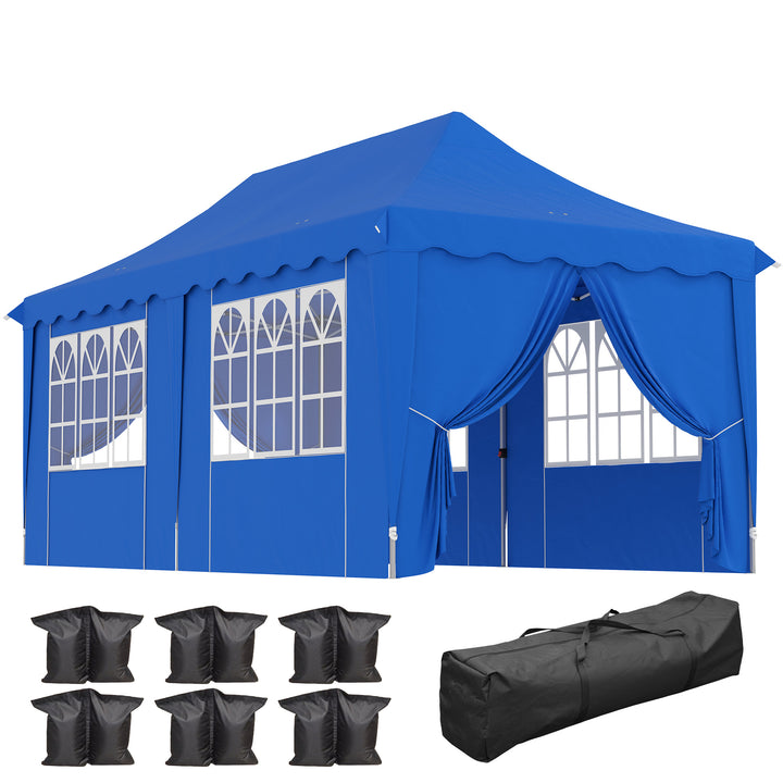Tenda Dobrável Pop Up Tenda 596x300x315 cm Tenda Dobrável com 6 Paredes Laterais Anti-UV Altura Ajustável Bolsa de Areia e Bolsa de Transporte para Campismo Festas Azul