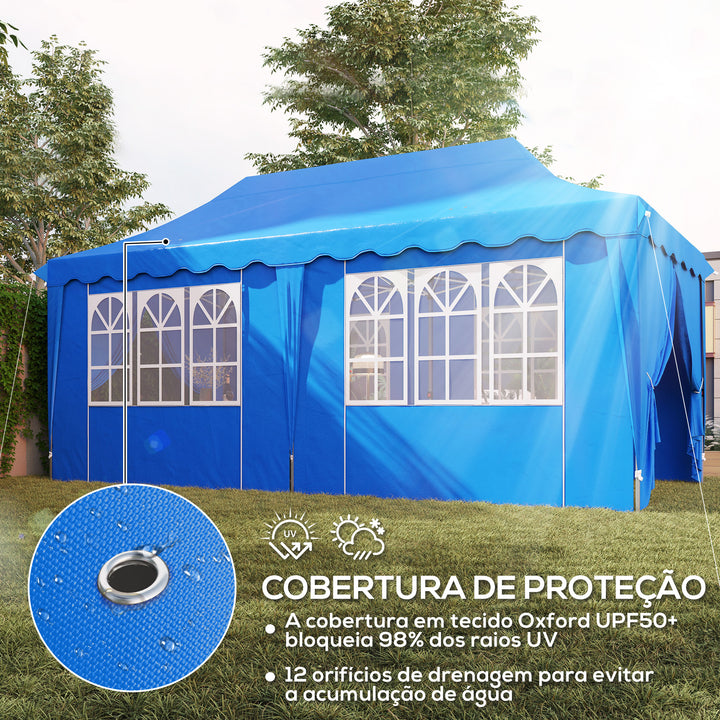 Tenda Dobrável Pop Up Tenda 596x300x315 cm Tenda Dobrável com 6 Paredes Laterais Anti-UV Altura Ajustável Bolsa de Areia e Bolsa de Transporte para Campismo Festas Azul