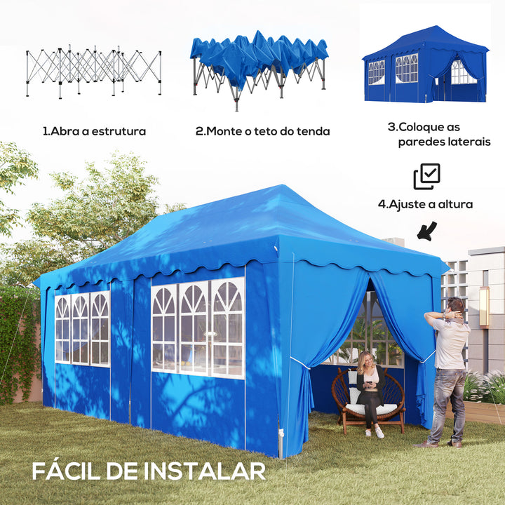 Tenda Dobrável Pop Up Tenda 596x300x315 cm Tenda Dobrável com 6 Paredes Laterais Anti-UV Altura Ajustável Bolsa de Areia e Bolsa de Transporte para Campismo Festas Azul