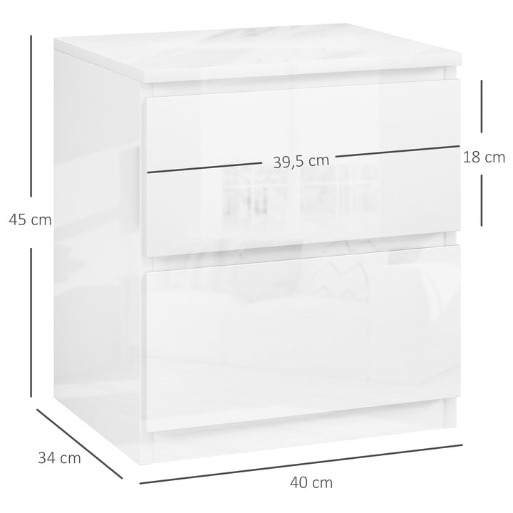 Mesa de Cabeceira Moderna Mesa de Cabeceira com 2 Gavetas Mesa de Cabeceira para Dormitório 40x34x45 cm Branco Brilhante