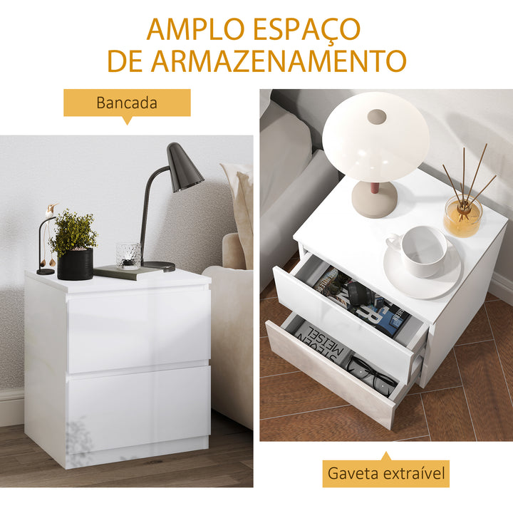 Mesa de Cabeceira Moderna Mesa de Cabeceira com 2 Gavetas Mesa de Cabeceira para Dormitório 40x34x45 cm Branco Brilhante