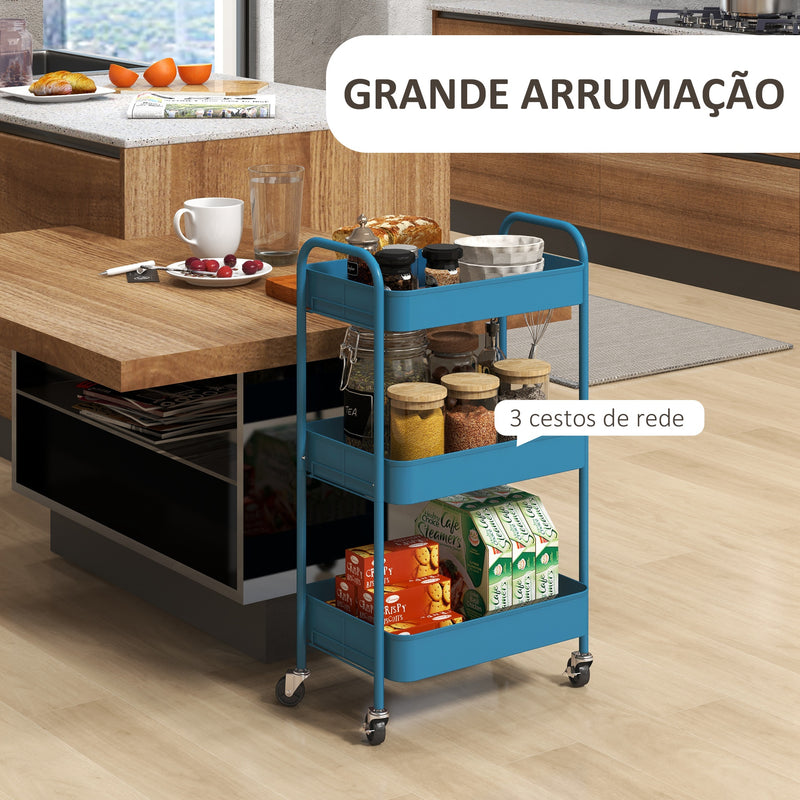 Carrinho Auxiliar de 3 Níveis com Rodas Carrinho de Armazenamento Deslizante com 3 Prateleiras 4 Rodas e 2 Travões para Cozinha Sala 45x30.6x79 cm Azul Escuro