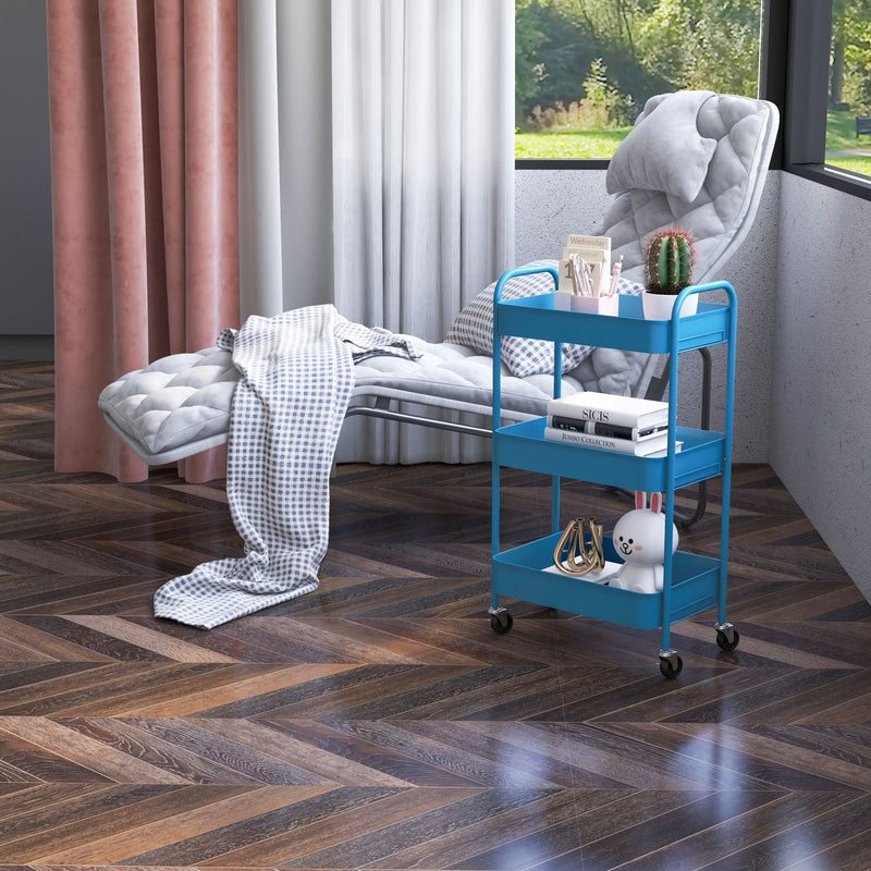 Carrinho Auxiliar de 3 Níveis com Rodas Carrinho de Armazenamento Deslizante com 3 Prateleiras 4 Rodas e 2 Travões para Cozinha Sala 45x30.6x79 cm Azul Escuro