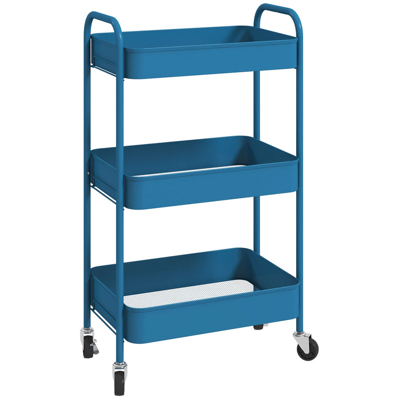 Carrinho Auxiliar de 3 Níveis com Rodas Carrinho de Armazenamento Deslizante com 3 Prateleiras 4 Rodas e 2 Travões para Cozinha Sala 45x30.6x79 cm Azul Escuro