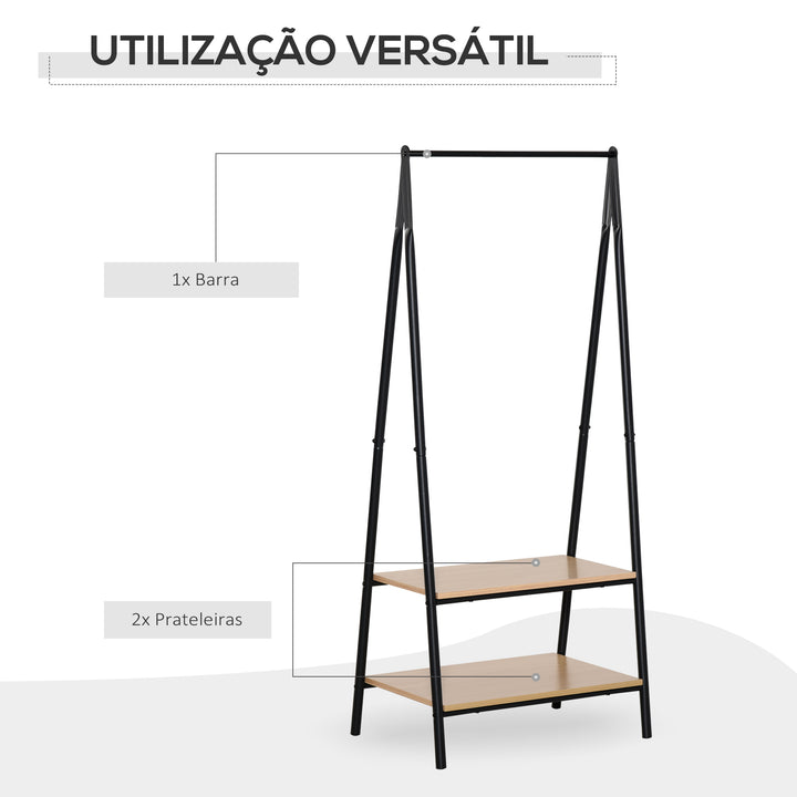 Suporte para Cabides com 2 Prateleiras de Armazenamento Barra para Pendurar e Estrutura de Aço para Entrada Corredor Dormitório 64x42,5x149 cm Preto