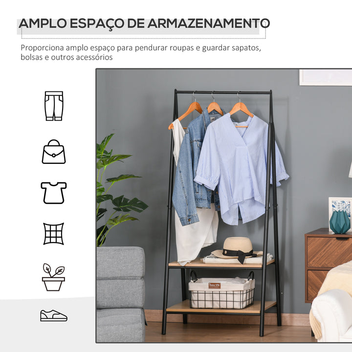 Suporte para Cabides com 2 Prateleiras de Armazenamento Barra para Pendurar e Estrutura de Aço para Entrada Corredor Dormitório 64x42,5x149 cm Preto