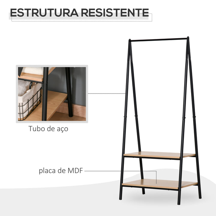 Suporte para Cabides com 2 Prateleiras de Armazenamento Barra para Pendurar e Estrutura de Aço para Entrada Corredor Dormitório 64x42,5x149 cm Preto