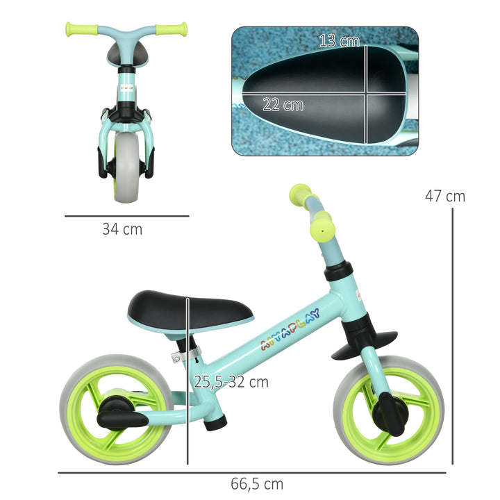Bicicleta sem Pedais para Crianças de 18-48 Meses Bicicleta de Equilíbrio com Assento Ajustável em Altura Carga 25 kg 66,5x34x47 cm Verde