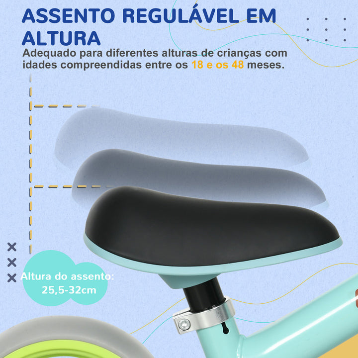 Bicicleta sem Pedais para Crianças de 18-48 Meses Bicicleta de Equilíbrio com Assento Ajustável em Altura Carga 25 kg 66,5x34x47 cm Verde