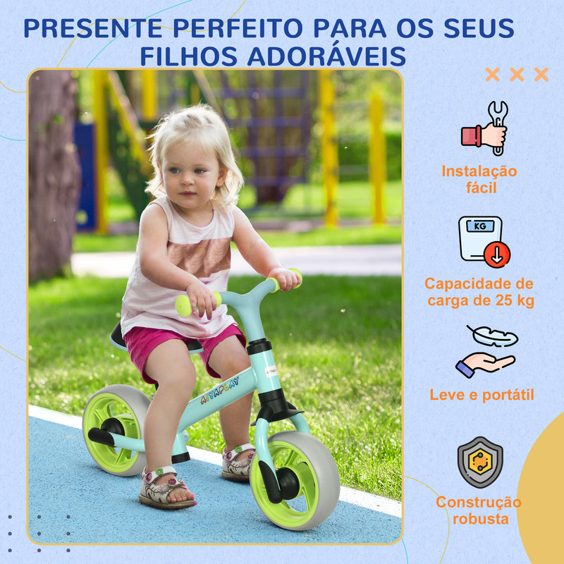 Bicicleta sem Pedais para Crianças de 18-48 Meses Bicicleta de Equilíbrio com Assento Ajustável em Altura Carga 25 kg 66,5x34x47 cm Verde