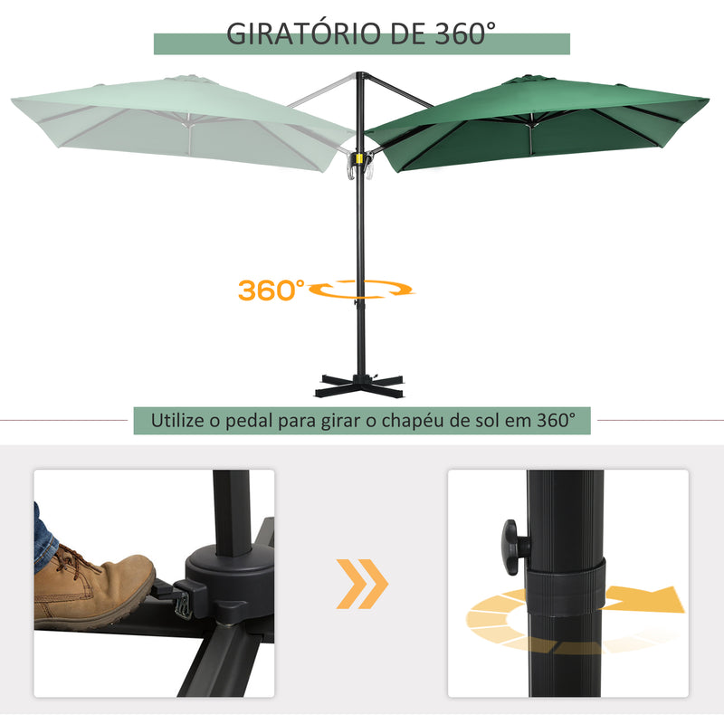 Chapéu de Sol de Jardim 245x245x245 cm Chapéu de Sol Excêntrico com Rotação 360° Inclinação de 3 Níveis com Manivela e Ventilação para Pátio Terraço Verde