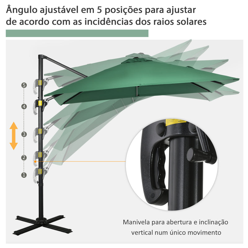 Chapéu de Sol de Jardim 245x245x245 cm Chapéu de Sol Excêntrico com Rotação 360° Inclinação de 3 Níveis com Manivela e Ventilação para Pátio Terraço Verde