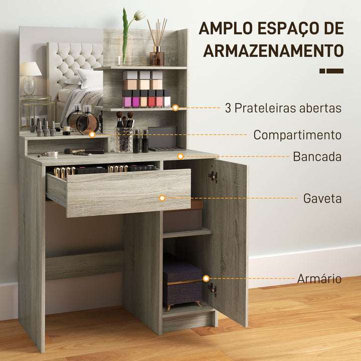 Toucador de Maquilhagem com Banco Mesa de Maquilhagem com Espelho Prateleiras Abertas Gaveta e Prateleira Ajustável Anti-Tombo para Dormitório Madeira e Bege