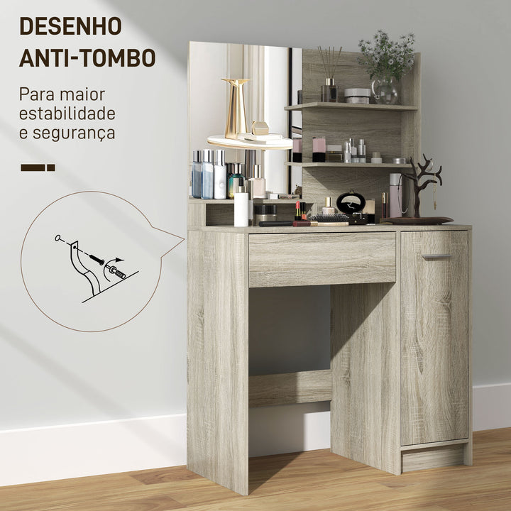Toucador de Maquilhagem com Banco Mesa de Maquilhagem com Espelho Prateleiras Abertas Gaveta e Prateleira Ajustável Anti-Tombo para Dormitório Madeira e Bege