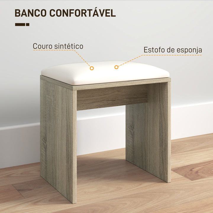 Toucador de Maquilhagem com Banco Mesa de Maquilhagem com Espelho Prateleiras Abertas Gaveta e Prateleira Ajustável Anti-Tombo para Dormitório Madeira e Bege