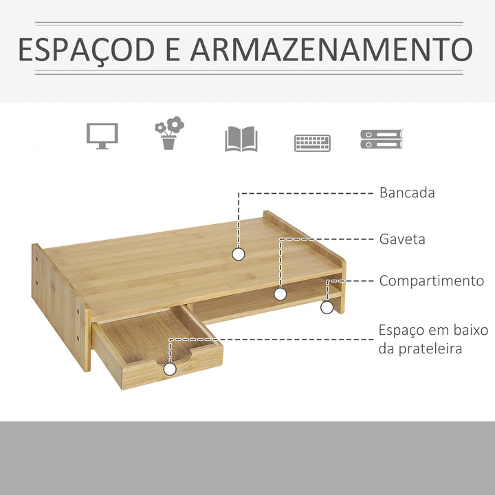 Suporte para Monitor de Bambu Secretária para Computador Portátil Organizador de Secretária 49x25,5x11,5 cm