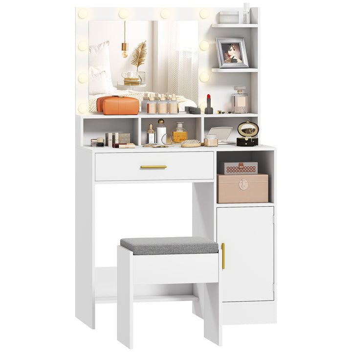 Toucador de Maquilhagem com Luzes LED e Banco Toucador com Espelho 10 Lâmpadas LED Gaveta Prateleiras Compartimentos Abertos para Quarto Closet Branco