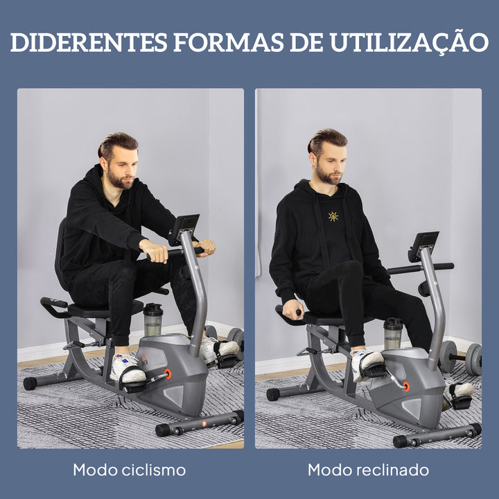 Bicicleta ergométrica reclinável com tela LCD e volante de 3 kg resistência magnética de 8 níveis assento ajustável 121,5-136x62,5x98 cm cinza