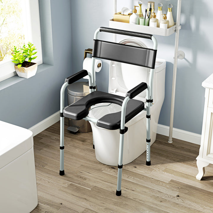 Cadeira Sanita para Pessoas Maiores Dobrável Cadeira com Sanita Altura Ajustável Cubo e Almofadas Antiderrapantes Carga 150 kg 52,5x46x81,5-97 cm Preto