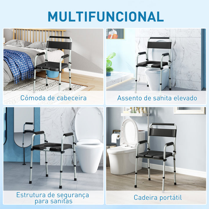 Cadeira Sanita para Pessoas Maiores Dobrável Cadeira com Sanita Altura Ajustável Cubo e Almofadas Antiderrapantes Carga 150 kg 52,5x46x81,5-97 cm Preto