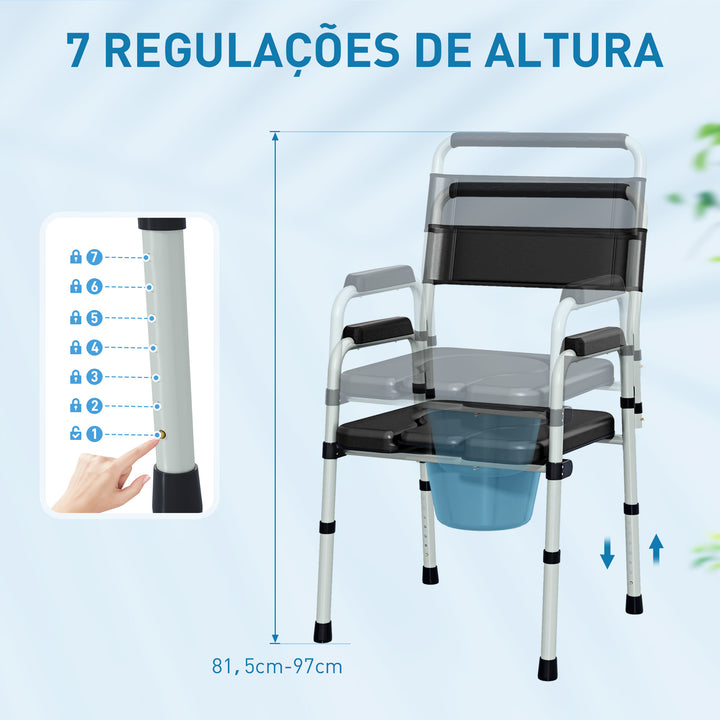 Cadeira Sanita para Pessoas Maiores Dobrável Cadeira com Sanita Altura Ajustável Cubo e Almofadas Antiderrapantes Carga 150 kg 52,5x46x81,5-97 cm Preto