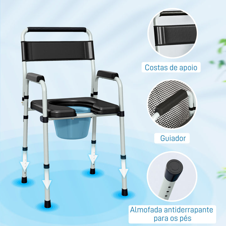 Cadeira Sanita para Pessoas Maiores Dobrável Cadeira com Sanita Altura Ajustável Cubo e Almofadas Antiderrapantes Carga 150 kg 52,5x46x81,5-97 cm Preto
