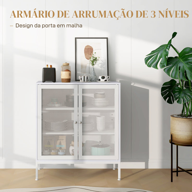 Aparador de 3 Níveis Móvel Auxiliar com Portas de Malha e Prateleira Ajustável Aparador de Cozinha Moderno para Sala 80x37x92 cm Branco