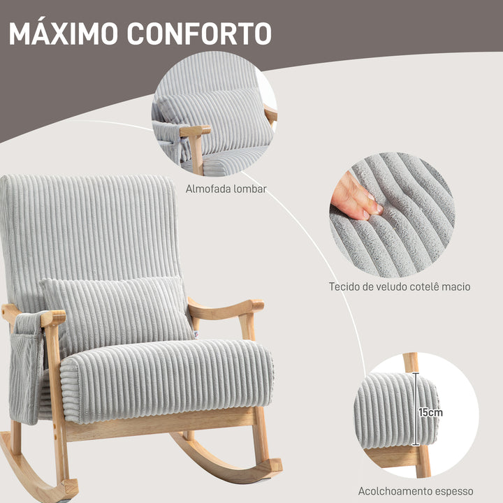 Poltrona Baloiço Moderna em Veludo Cotelê com Pés e Apoio para os Braços com Madeira de Faia Almofada Lombar e Bolso Poltrona de Amamentação Carga 120 kg para Dormitório Sala de Estar 65x90x98 cm Cinza