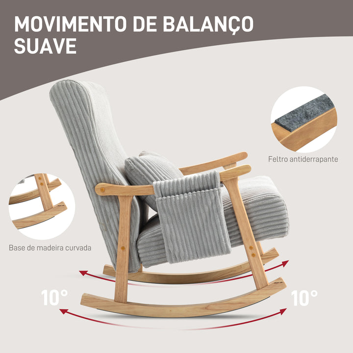 Poltrona Baloiço Moderna em Veludo Cotelê com Pés e Apoio para os Braços com Madeira de Faia Almofada Lombar e Bolso Poltrona de Amamentação Carga 120 kg para Dormitório Sala de Estar 65x90x98 cm Cinza