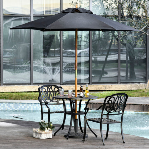 Chapéu de Sol de Madeira Ø250x230 cm para Exterior com 6 Hastes Sistema de Corda com Fixação Desmontável Portátil Fácil de Guardar e Transportar Preto