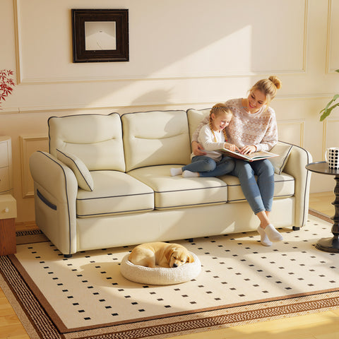 Sofá de 3 Lugares Sofá de Sala Moderno 190x85x80 cm Estofado em Couro Sintético Enchimento Espesso Assento Largo Apoios de Braço e Bolso Lateral Montagem Rápida 2 Almofadas Bege