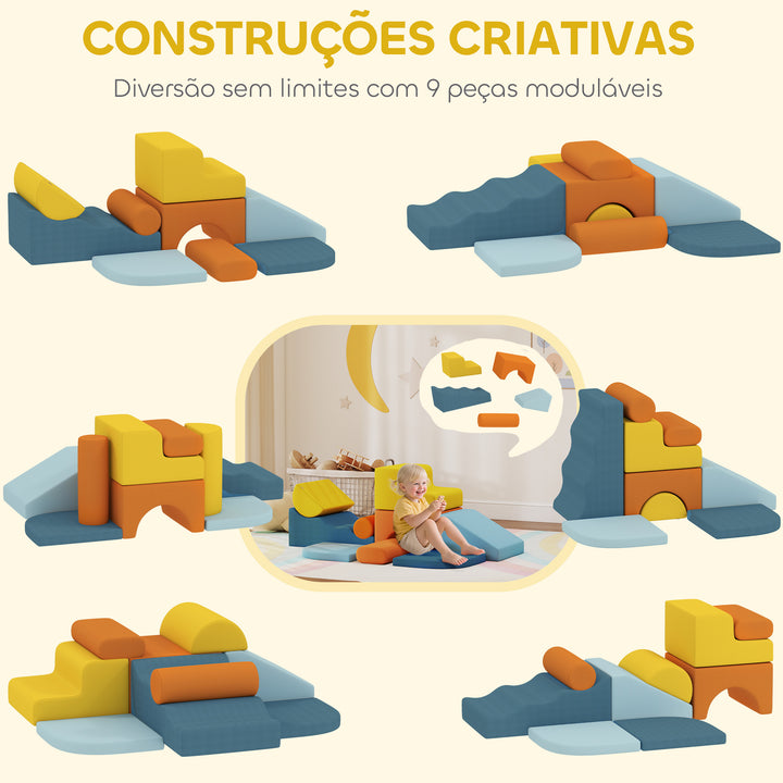 Conjunto de 9 Blocos de Espuma para Crianças Blocos de Psicomotricidade com Capas de Veludo Laváveis Conjunto de Escalada para Interior para Escalar e Rastejar Multicor