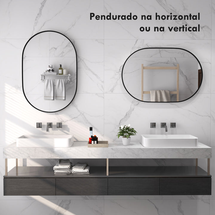 Espelho Casa de Banho Ovalado 60x90 cm Espelho Decorativo de Parede com Estrutura de Alumínio para Sala de Estar Entrada Corredor Horizontal ou Vertical Preto