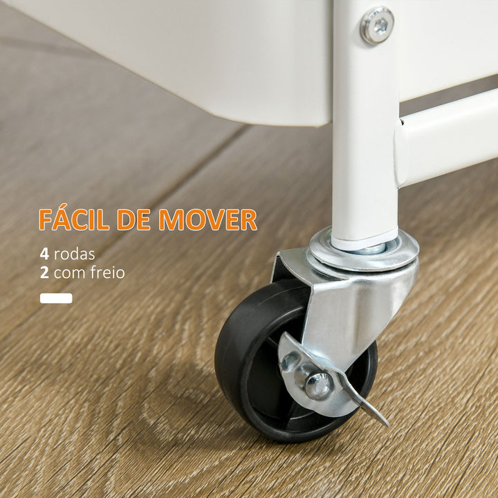 Carrinho de Cozinha com Rodas Carrinho de Armazenamento de 3 Níveis com 4 Ganchos 2 Cestas Alça de Transporte e Rodas com Freio para Casa de Banho Escritório Dormitório 51,5x32x75,6cm Branco