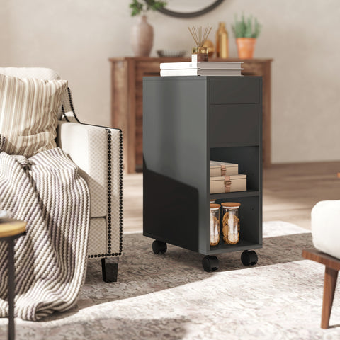 Mesa Auxiliar com Bancada Deslizante e Rodas Mesa Auxiliar com Armazenamento Oculto e Prateleira Ajustável para Sala de Estar Quarto 45x25x70 cm Preto