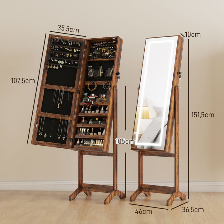 Joalheiro de Pé Armário para Jóias com Fita de Luz LED e Fechadura Magnética Organizador de Jóias com Prateleiras Ranhuras para Anéis Brincos 46x36,5x151,5 cm Madeira