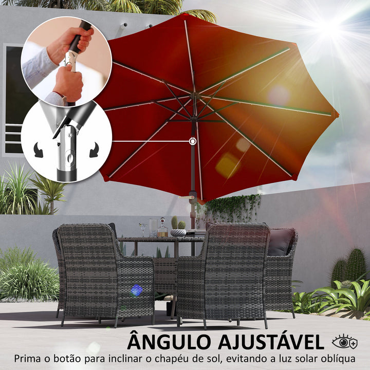 Chapéu de Sol para Jardim Ø292x252 cm Chapéu de Sol de Exterior com Inclinação Ajustável até 45° Luzes LED Solares Impermeável e Manivela para Pátio Piscina sem Base Vinho