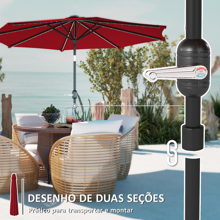 Chapéu de Sol para Jardim Ø292x252 cm Chapéu de Sol de Exterior com Inclinação Ajustável até 45° Luzes LED Solares Impermeável e Manivela para Pátio Piscina sem Base Vinho
