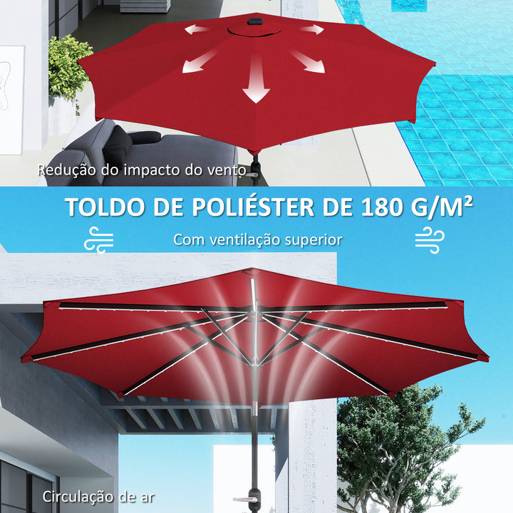 Chapéu de Sol para Jardim Ø292x252 cm Chapéu de Sol de Exterior com Inclinação Ajustável até 45° Luzes LED Solares Impermeável e Manivela para Pátio Piscina sem Base Vinho