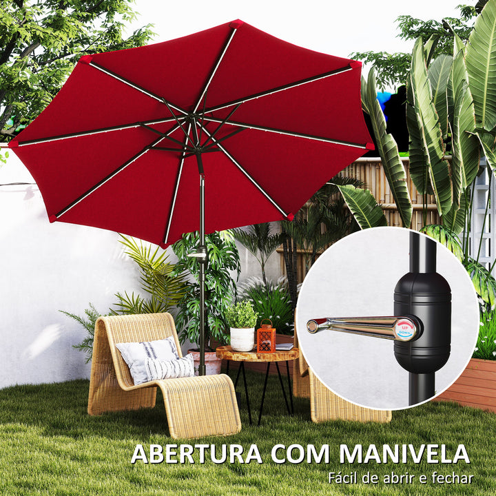 Chapéu de Sol para Jardim Ø292x252 cm Chapéu de Sol de Exterior com Inclinação Ajustável até 45° Luzes LED Solares Impermeável e Manivela para Pátio Piscina sem Base Vinho