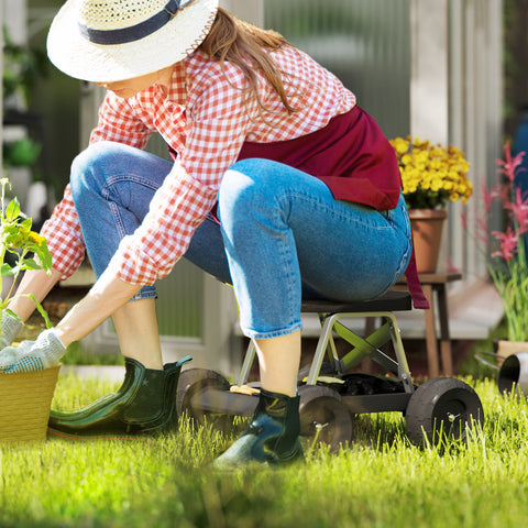 Assento de Jardim com Rodas Banco de Jardinagem com Bandeja de Ferramentas Carrinho de Trabalho Carga 130 kg para Pátio Exterior 50x49x32 cm Preto