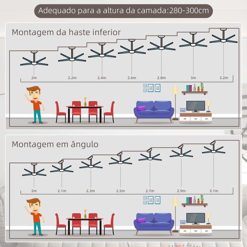 Ventoinha de Teto com Luz 46W Ø129 cm Motor DC Ventoinha de Teto Silencioso com 4 Lâminas Reversíveis Controlo Remoto 6 Velocidades e Temporizador para Quarto Sala Preto